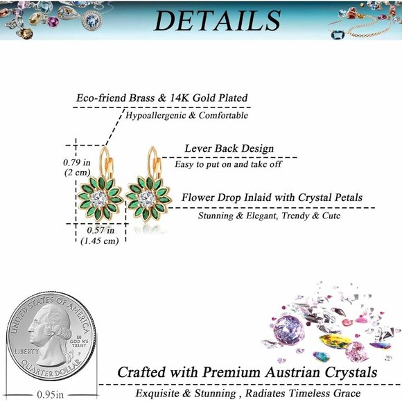 14K Gold Plated Green Main Crystal Flower Drop Leverback Earrings for Women - Picture 4 of 7